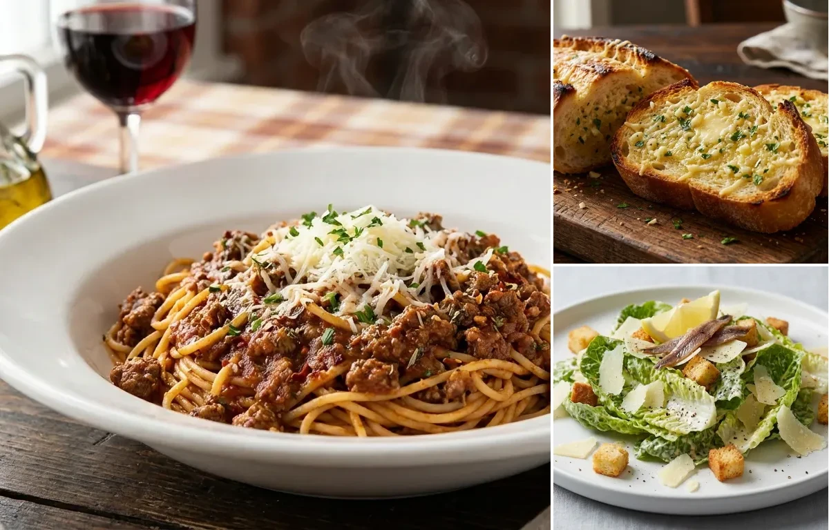 Spaghetti with Meat Sauce with Garlic Bread and Caesar Salad