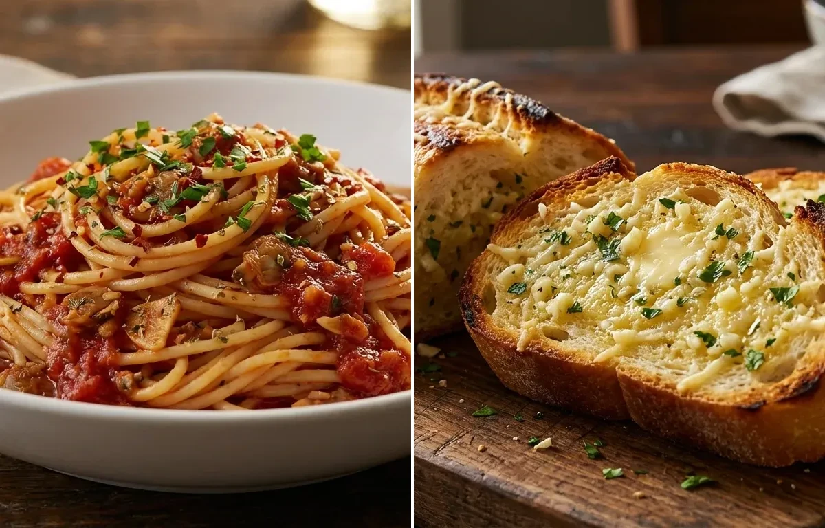 Spaghetti with Red Clam Sauce with Garlic Bread