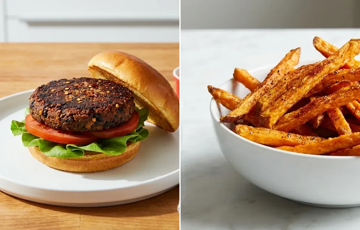 Spiced Black Bean Burger Patties, Oven-Baked Sweet Potato Fries and Whole-Wheat Burger Buns