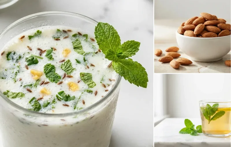 Spiced Buttermilk with Handful of Almonds with Spearmint Tea