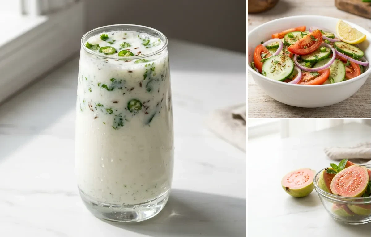 Spiced Chaas with Cucumber Tomato Salad with Fresh Guava