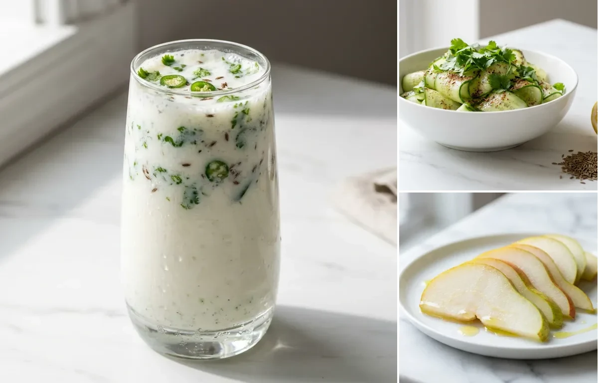 Spiced Chaas with Spiced Cucumber Salad with Fresh Pear