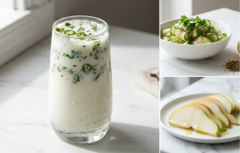 Spiced Chaas with Spiced Cucumber Salad with Fresh Pear