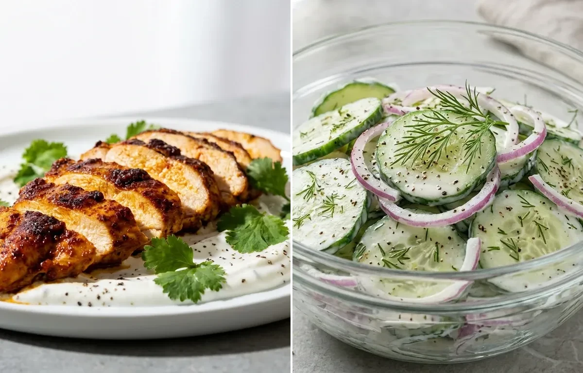 Spiced Chicken Slices with Cucumber Salad with Green Tea