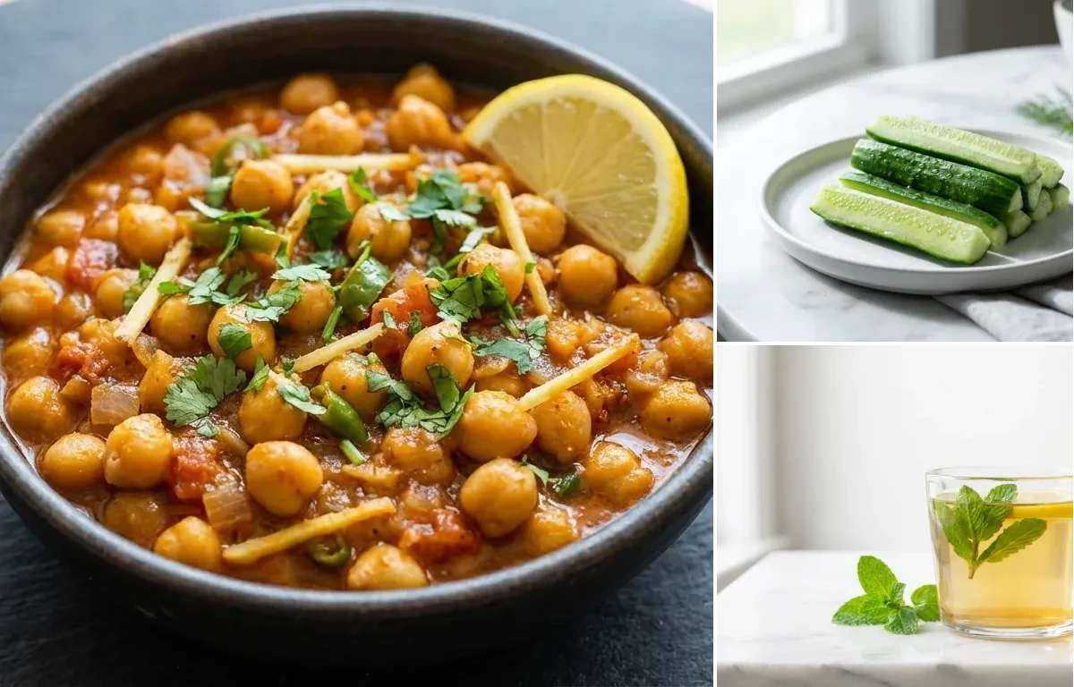 Spiced Chickpeas with Cucumber Sticks with Spearmint Tea