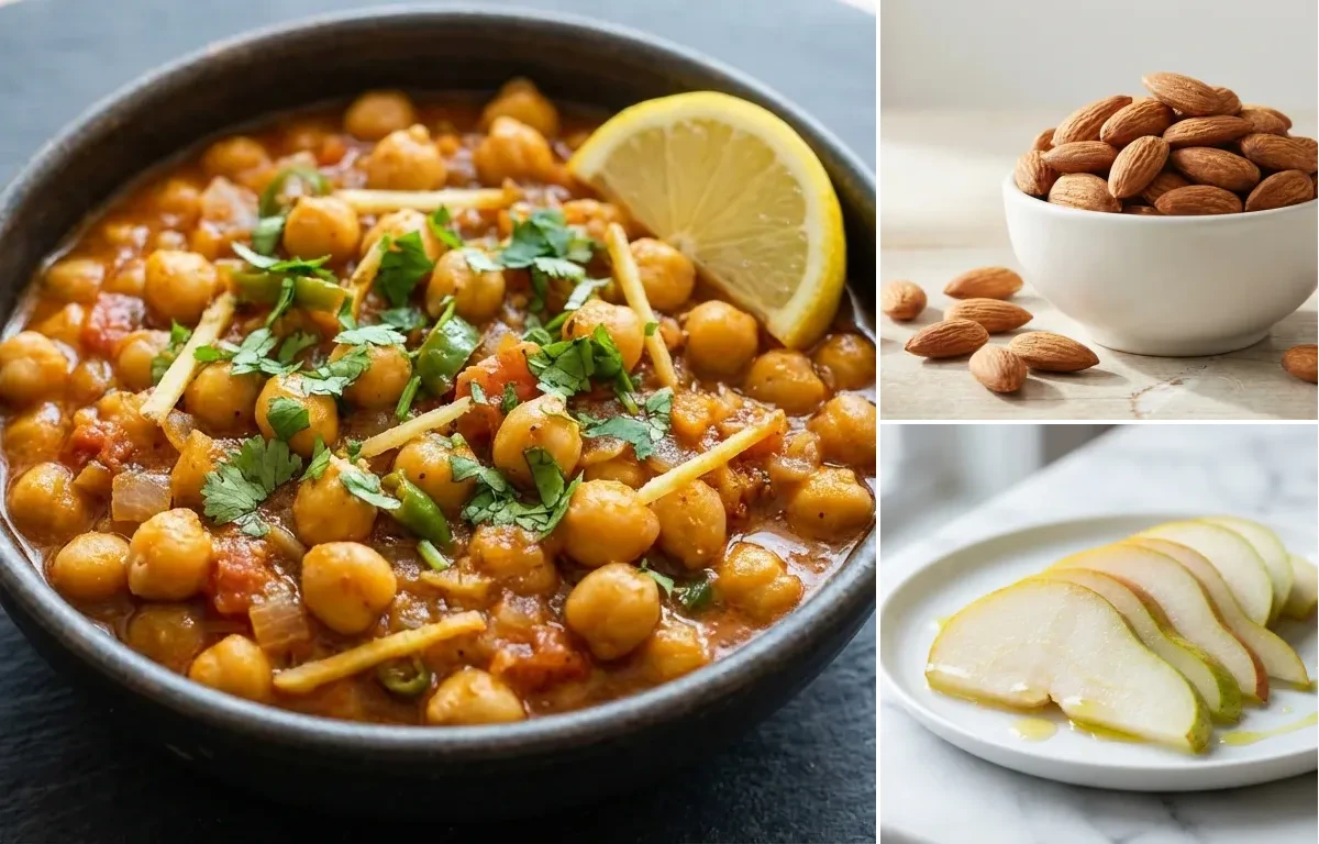 Spiced Chickpeas with Handful of Almonds with Fresh Pear