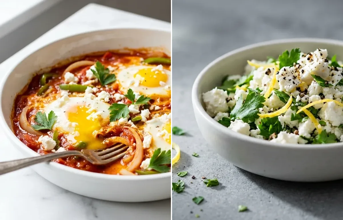 Spiced Tomato and Egg Shakshuka, Crumbled Feta and Herb Topping and Whole-Grain Crusty Bread