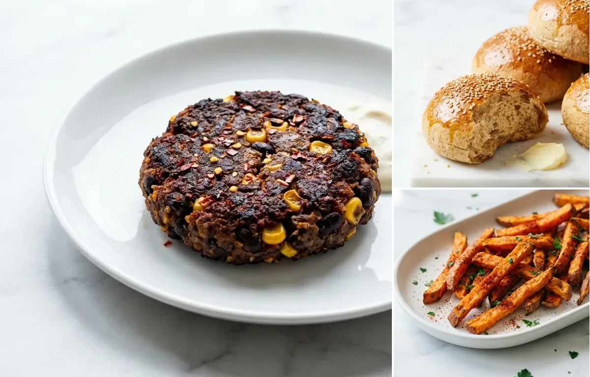 Spicy Black Bean Burgers, Whole Wheat Buns and Baked Sweet Potato Fries