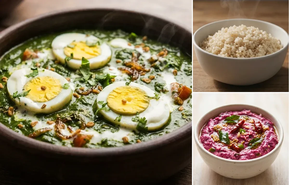 Spinach Egg Curry with Brown Rice and Beetroot Pachadi