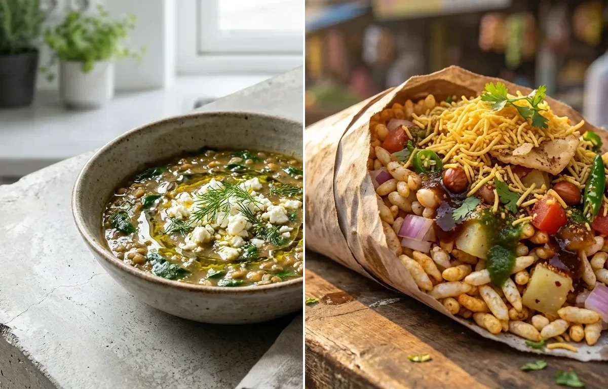 Spinach Lentil Soup with Egg And Avocado Toast and Bhel Puri