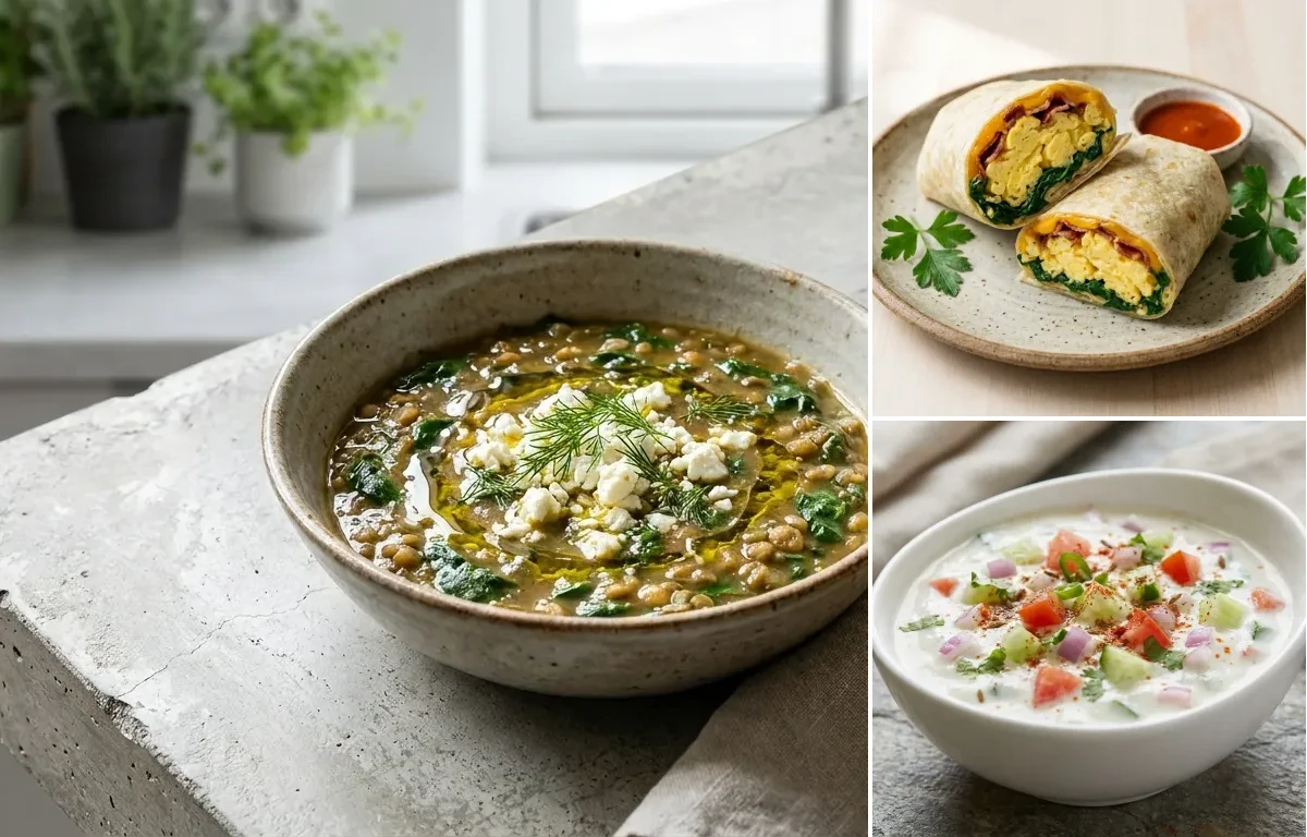 Spinach Lentil Soup with Egg And Spinach Wrap and Kachumber Raita