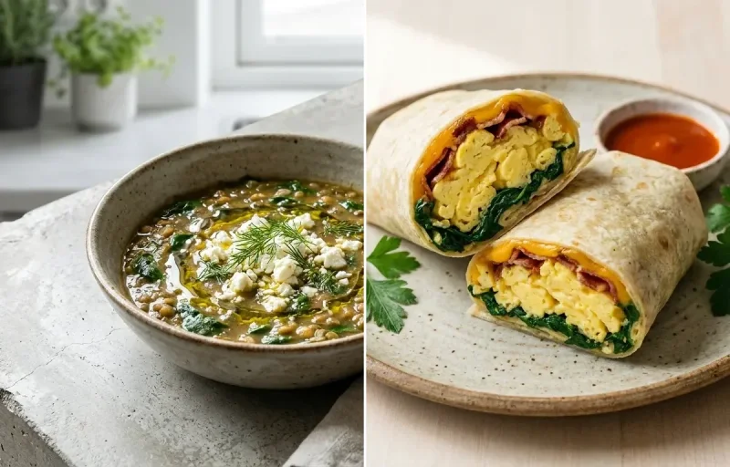 Spinach Lentil Soup with Egg And Spinach Wrap