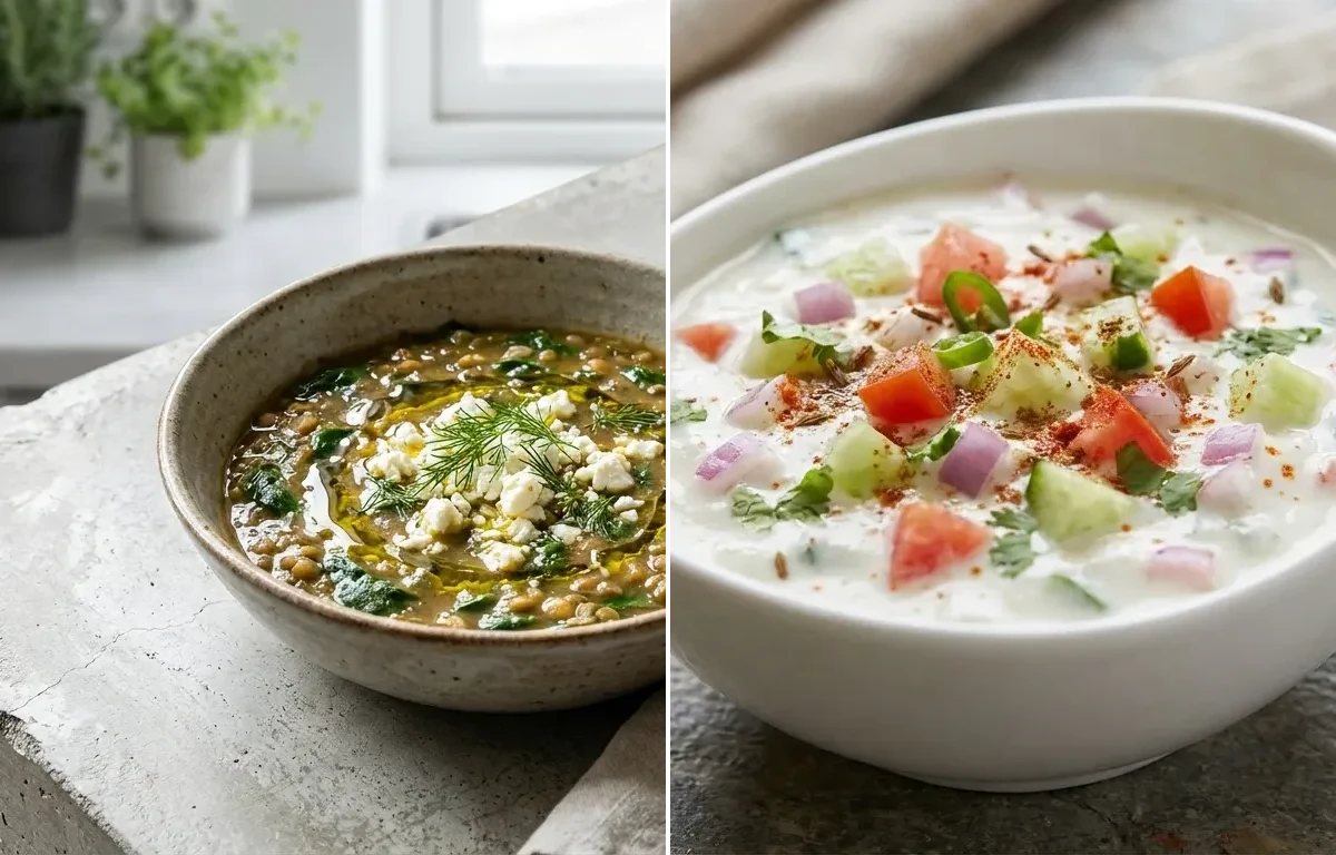 Spinach Lentil Soup with Egg Breakfast Burrito and Kachumber Raita