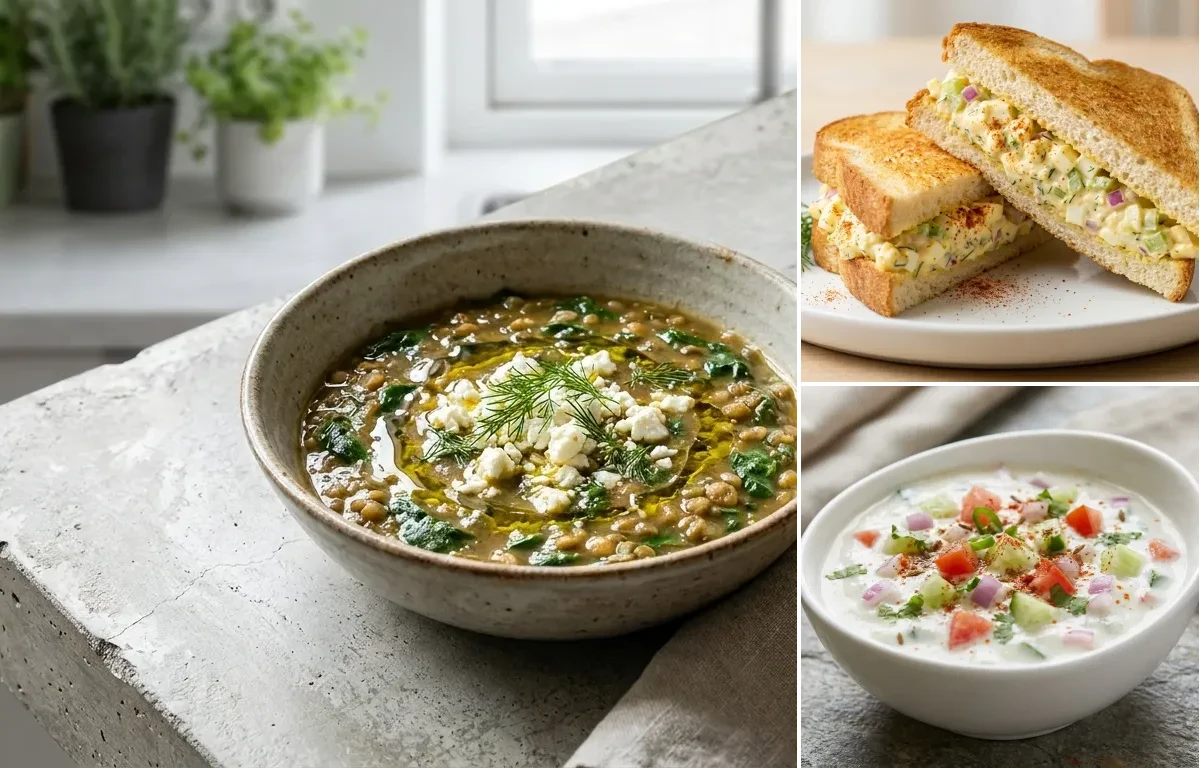 Spinach Lentil Soup with Egg Salad Sandwich and Kachumber Raita