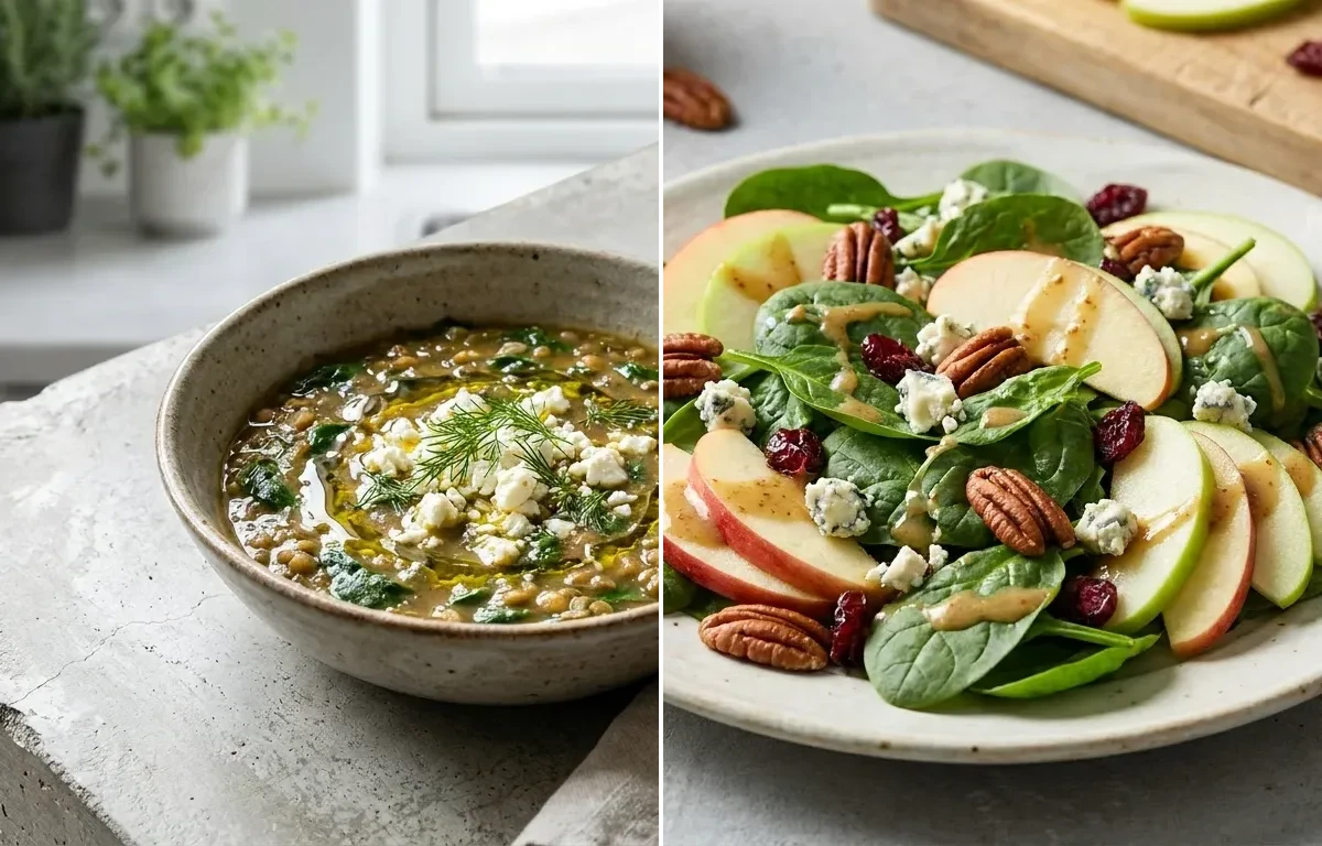 Spinach Lentil Soup with Smoked Salmon Toast and Spinach Apple Salad