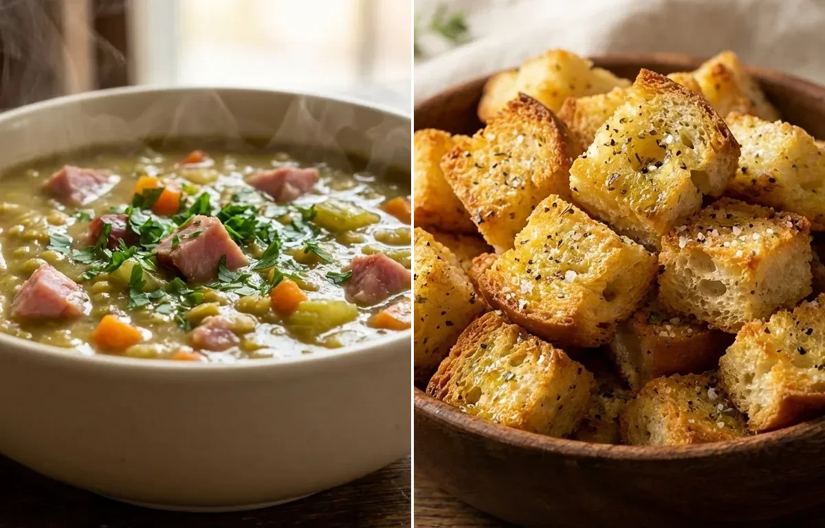 Split Pea and Ham Soup with Toasted Challah Croutons
