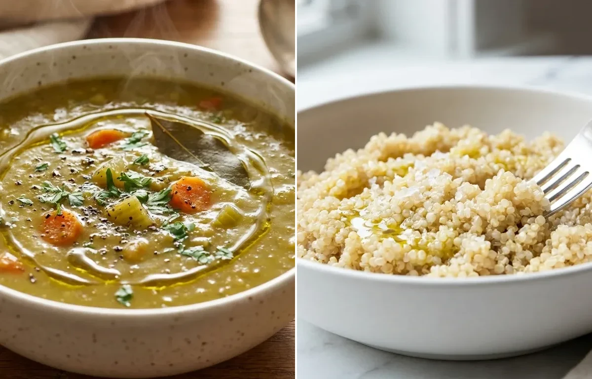 Split Pea Soup with Cooked Quinoa and Tomato Salad