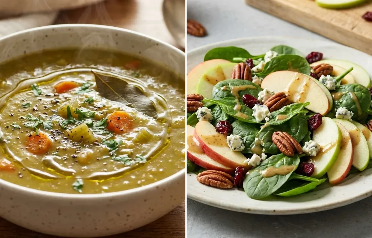 Split Pea Soup with Spinach Apple Salad and Vegan Rice Cake With Almond Butter