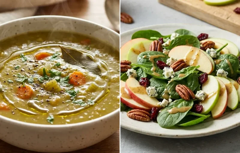 Split Pea Soup with Spinach Apple Salad and Vegan Rice Cake With Almond Butter