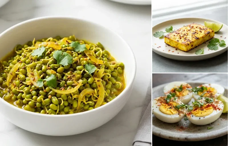 Sprouted Moong Sabzi with Paneer Slab with Boiled Eggs with Milk