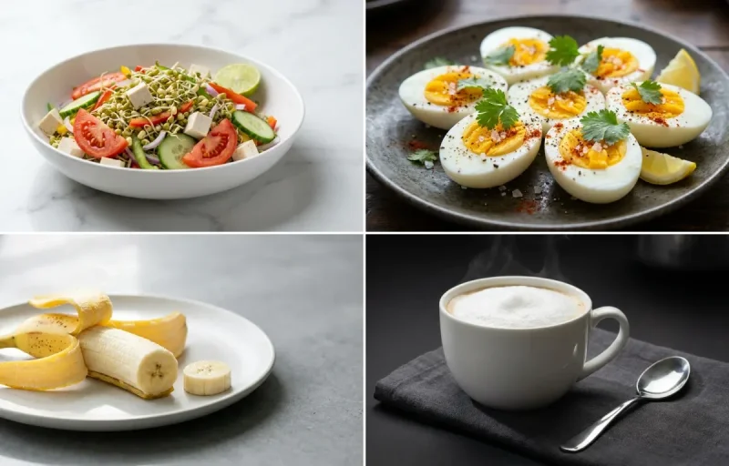 Sprouted Moong Salad with Boiled Egg with Banana with Coffee