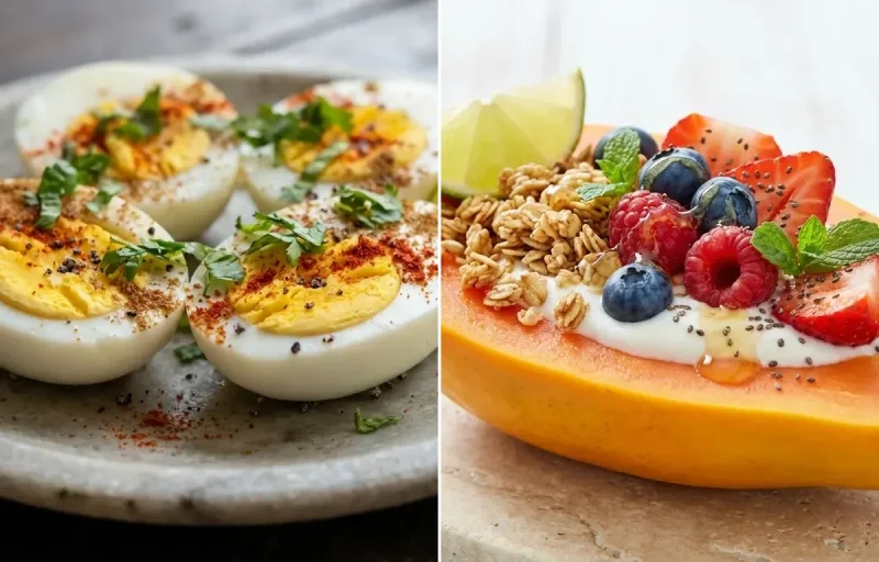 Sprouted Moong Salad with Boiled Eggs with Papaya Boat with Black Coffee