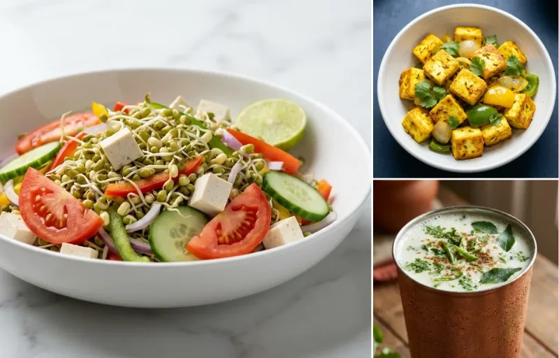 Sprouted Moong Salad with Masala Paneer Cubes with Chaas