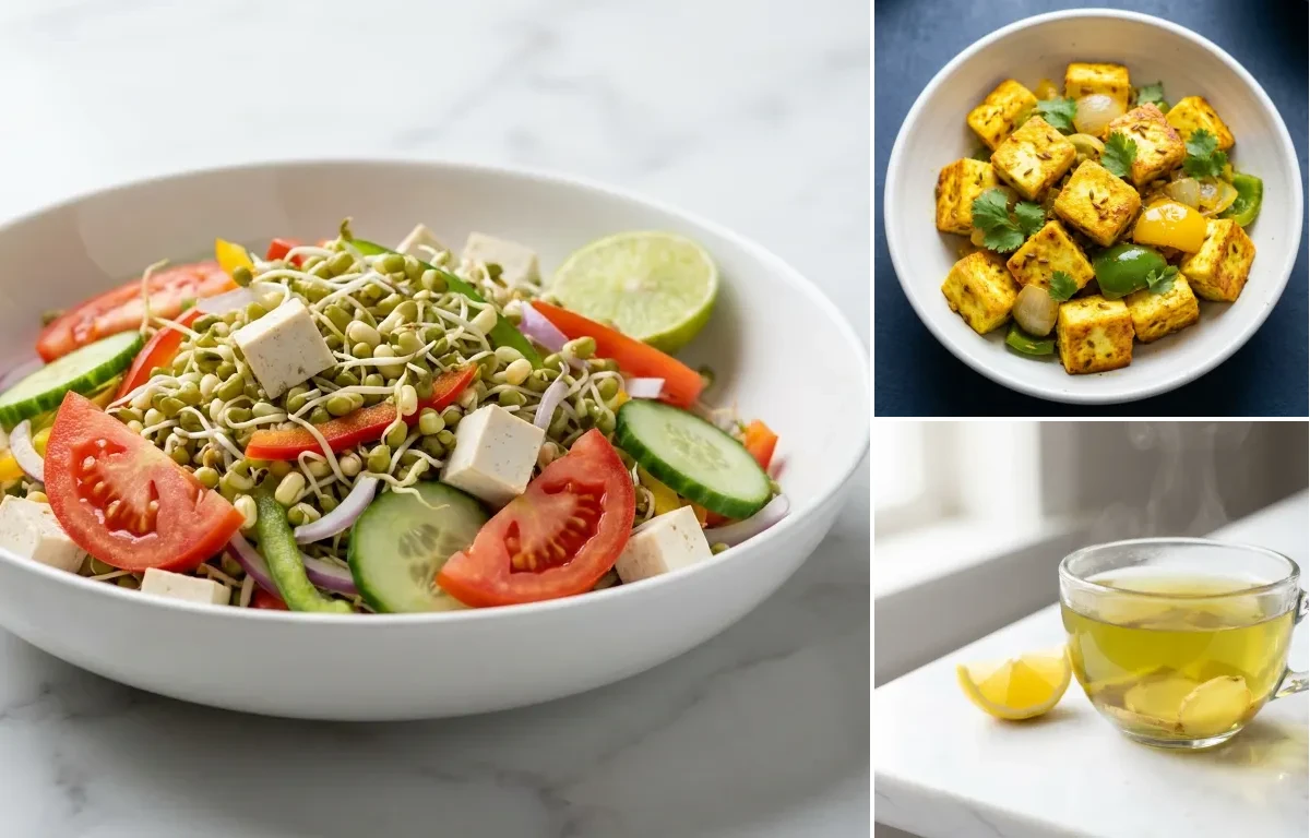 Sprouted Moong Salad with Masala Paneer Cubes with Green Tea