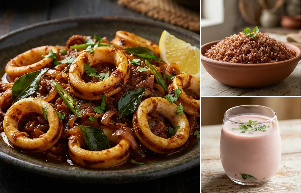 Squid Masala Fry with Goan Red Rice and Sol Kadhi