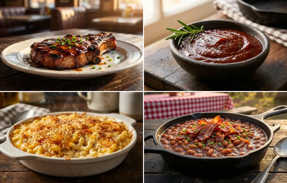 St. Louis Pork Steaks with BBQ Sauce, Baked Mac and Cheese and Baked Beans