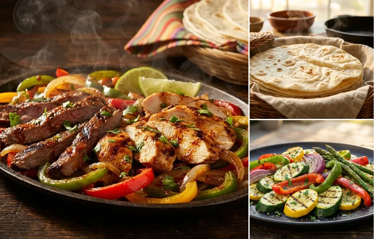 Steak and Chicken Fajitas with Flour Tortillas and Grilled Vegetable Medley