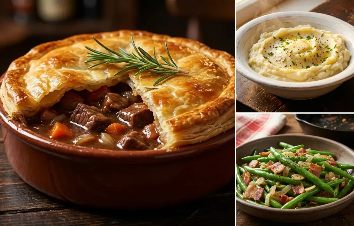 Steak and Guinness Pie with Mashed Potatoes and Sauteed Green Beans with Bacon