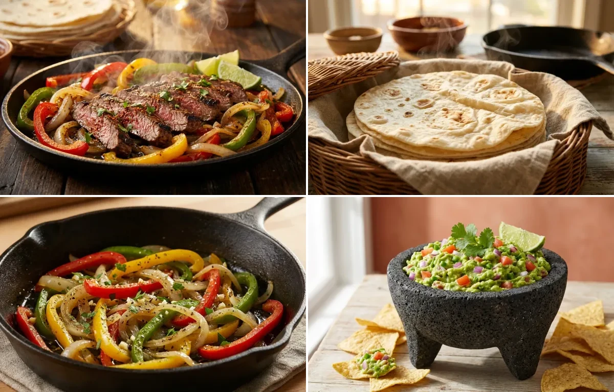 Steak Fajitas with Flour Tortillas, Sauteed Onions and Peppers and Guacamole