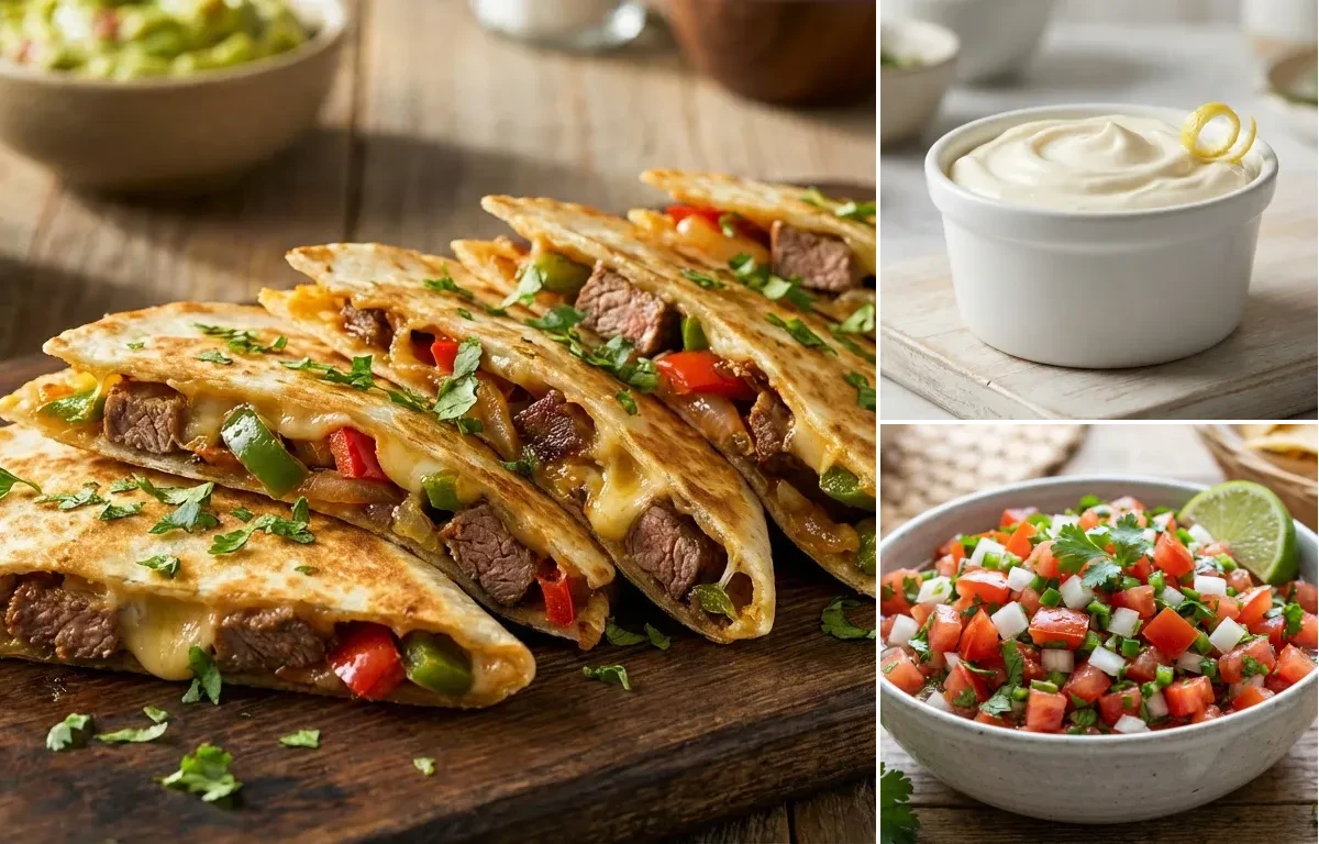 Steak Quesadillas with Sour Cream and Pico De Gallo