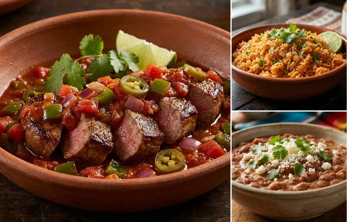 Steak Ranchero with Spanish Rice and Tex-Mex Refried Beans