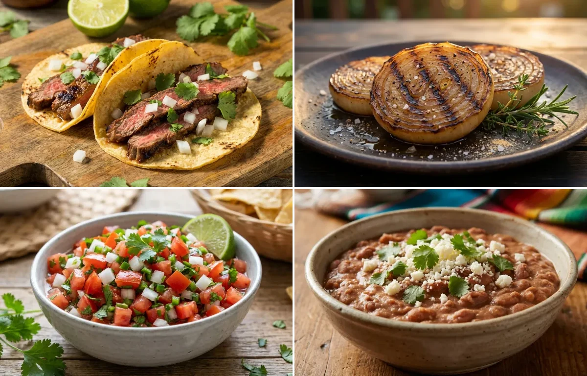 Steak Tacos with Grilled Onions, Pico De Gallo and Tex-Mex Refried Beans