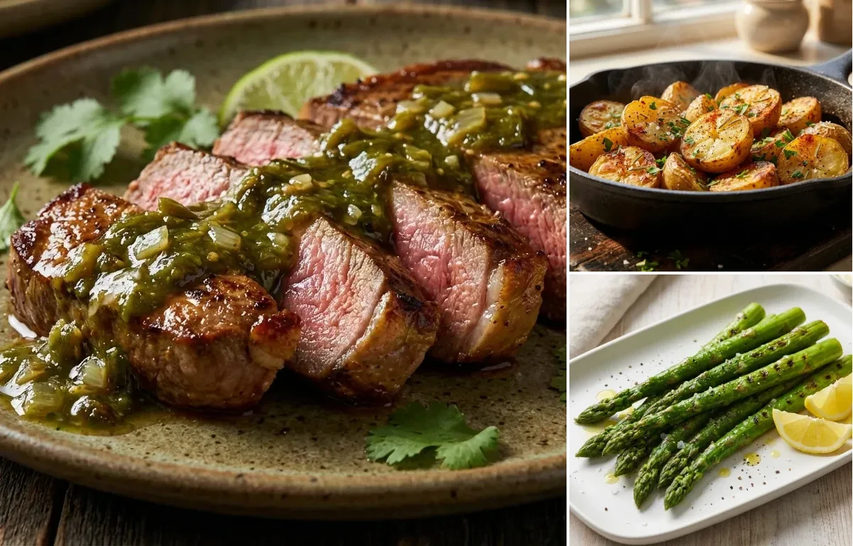 Steak with Green Chile Sauce with Roasted Potatoes and Grilled Asparagus