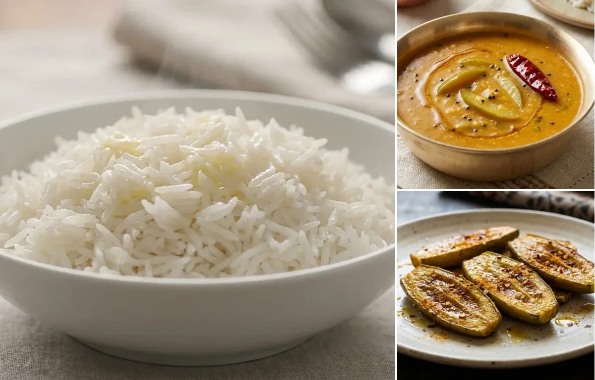 Steamed Basmati Rice with Aamer Tok Dal and Potol Bhaja