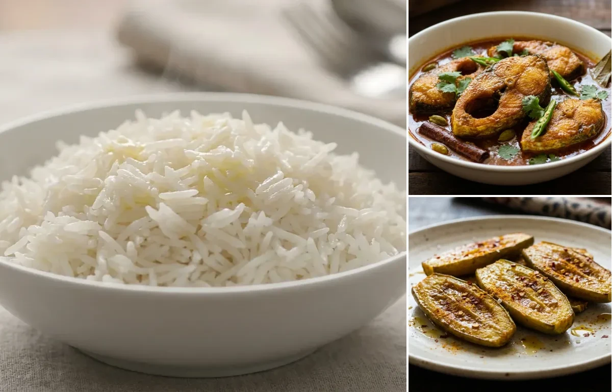 Steamed Basmati Rice with Aar Macher Kalia and Potol Bhaja