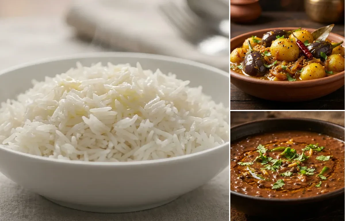 Steamed Basmati Rice with Aloo Guti aru Bengena Torkari and Mati Mahor Dal