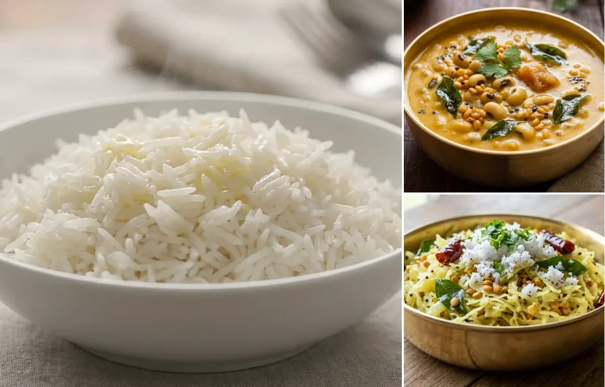 Steamed Basmati Rice with Alsande Gashi and Cabbage Upkari