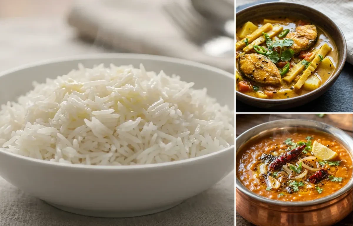 Steamed Basmati Rice with Assamese Bamboo Shoot Curry and Masur Dal Tadka