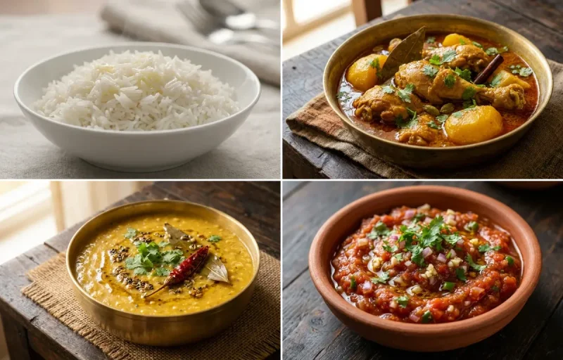 Steamed Basmati Rice with Assamese Chicken Curry, Bootor Dail and Bilahi Pitika