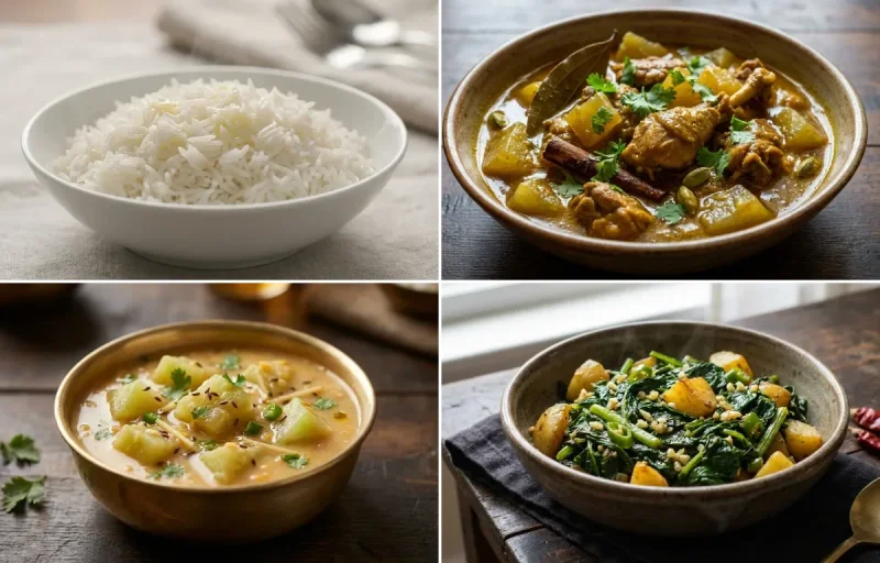 Steamed Basmati Rice with Assamese Duck Curry with Ash Gourd, Omita Khar and Lai Xaak Bhaji
