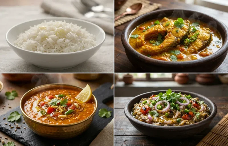 Steamed Basmati Rice with Assamese Fish Curry, Masoor Dal Tadka and Bengena Pitika