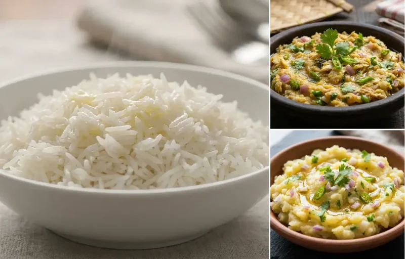 Steamed Basmati Rice with Assamese Fish Pitika and Aloo Pitika