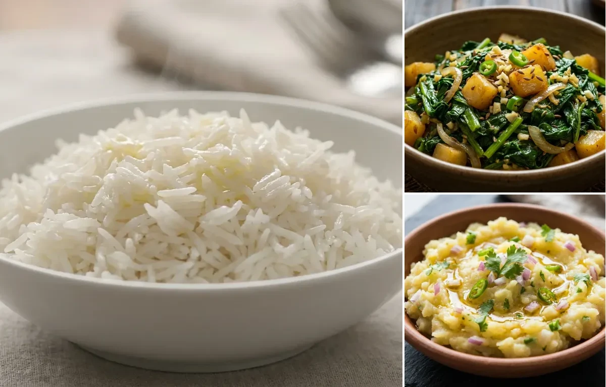 Steamed Basmati Rice with Assamese Mustard Greens Stir-Fry and Aloo Pitika