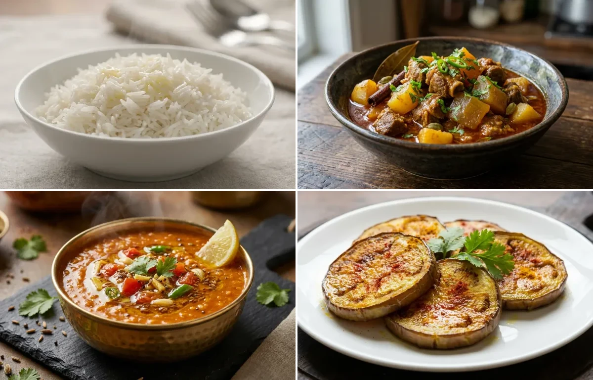Steamed Basmati Rice with Assamese Mutton with Papaya, Masoor Dal Tadka and Begun Bhaja