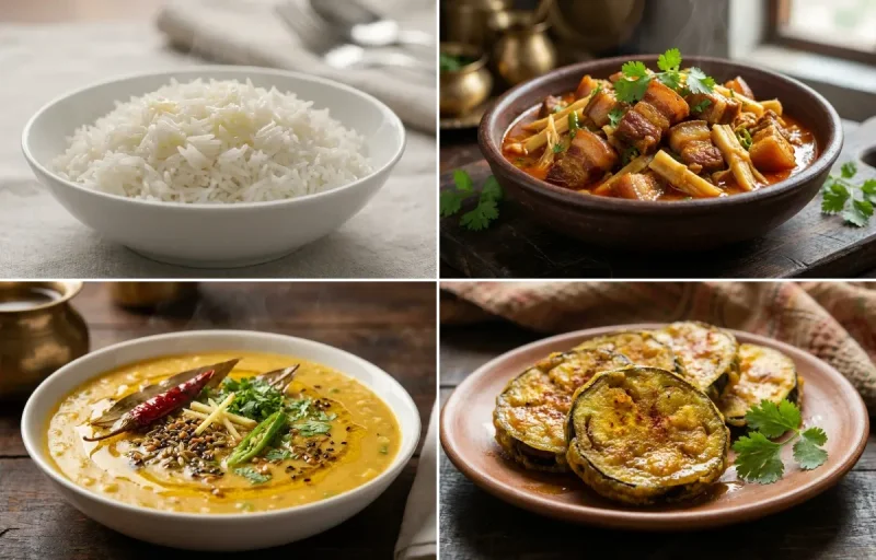 Steamed Basmati Rice with Assamese Pork with Bamboo Shoot, Matar Dal and Begun Bhaja