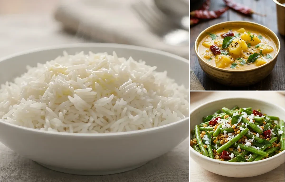 Steamed Basmati Rice with Batate Ambat and Beans Upkari